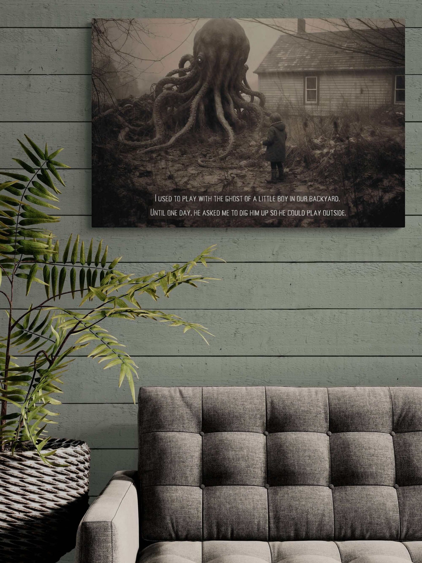 The Come Play With Me: Macabre Lovecraftian Poster Wall Art from Printify features a haunting illustration of a large, ghostly octopus-like creature looming in a desolate backyard. Nearby, a small child stands with a shovel in hand. Text at the bottom chillingly reads, "I used to play with the ghost of a little boy in our backyard until one day he asked me to dig him up so he could play outside." This dark essence art piece evokes Lovecraft’s eerie storytelling.