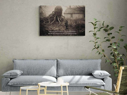 A surreal, haunting piece titled *Come Play With Me: Macabre Lovecraftian Canvas Wall Art with Haunting 2-Sentence Horror Story* from Printify depicts a large octopus-like creature with multiple tentacles in a foggy backyard near a house. A person in a hooded coat stands facing the Lovecraftian horror, while the eerie text reads, "I used to play with the ghost of a little boy in our backyard. Until one day, he asked me to dig him up so he could play.