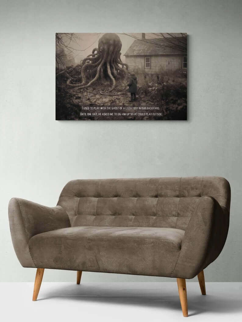 The Come Play With Me: Macabre Lovecraftian Poster Wall Art from Printify features a haunting illustration of a large, ghostly octopus-like creature looming in a desolate backyard. Nearby, a small child stands with a shovel in hand. Text at the bottom chillingly reads, "I used to play with the ghost of a little boy in our backyard until one day he asked me to dig him up so he could play outside." This dark essence art piece evokes Lovecraft’s eerie storytelling.