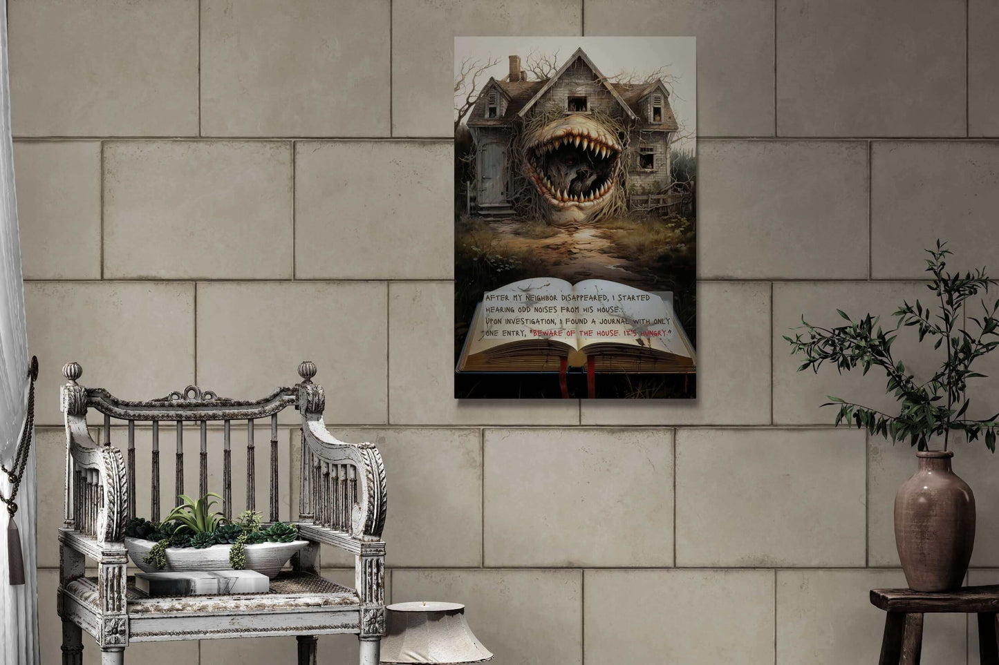 Titled "The House Hungers: Nightmare Canvas Wall Art with 2-Sentence Horror Story" by Printify, this surrealistic painting depicts a spooky, dilapidated house with a monstrous, wide-open mouth as its entrance. In the foreground lies an old book that ominously states: "AFTER MY NEIGHBOR DISAPPEARED, I STARTED HEARING ODD NOISES FROM HIS HOUSE. UPON INVESTIGATION, I FOUND A JOURNAL.”