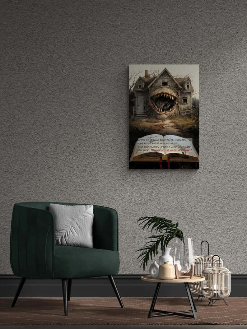 Titled "The House Hungers: Nightmare Canvas Wall Art with 2-Sentence Horror Story" by Printify, this surrealistic painting depicts a spooky, dilapidated house with a monstrous, wide-open mouth as its entrance. In the foreground lies an old book that ominously states: "AFTER MY NEIGHBOR DISAPPEARED, I STARTED HEARING ODD NOISES FROM HIS HOUSE. UPON INVESTIGATION, I FOUND A JOURNAL.”