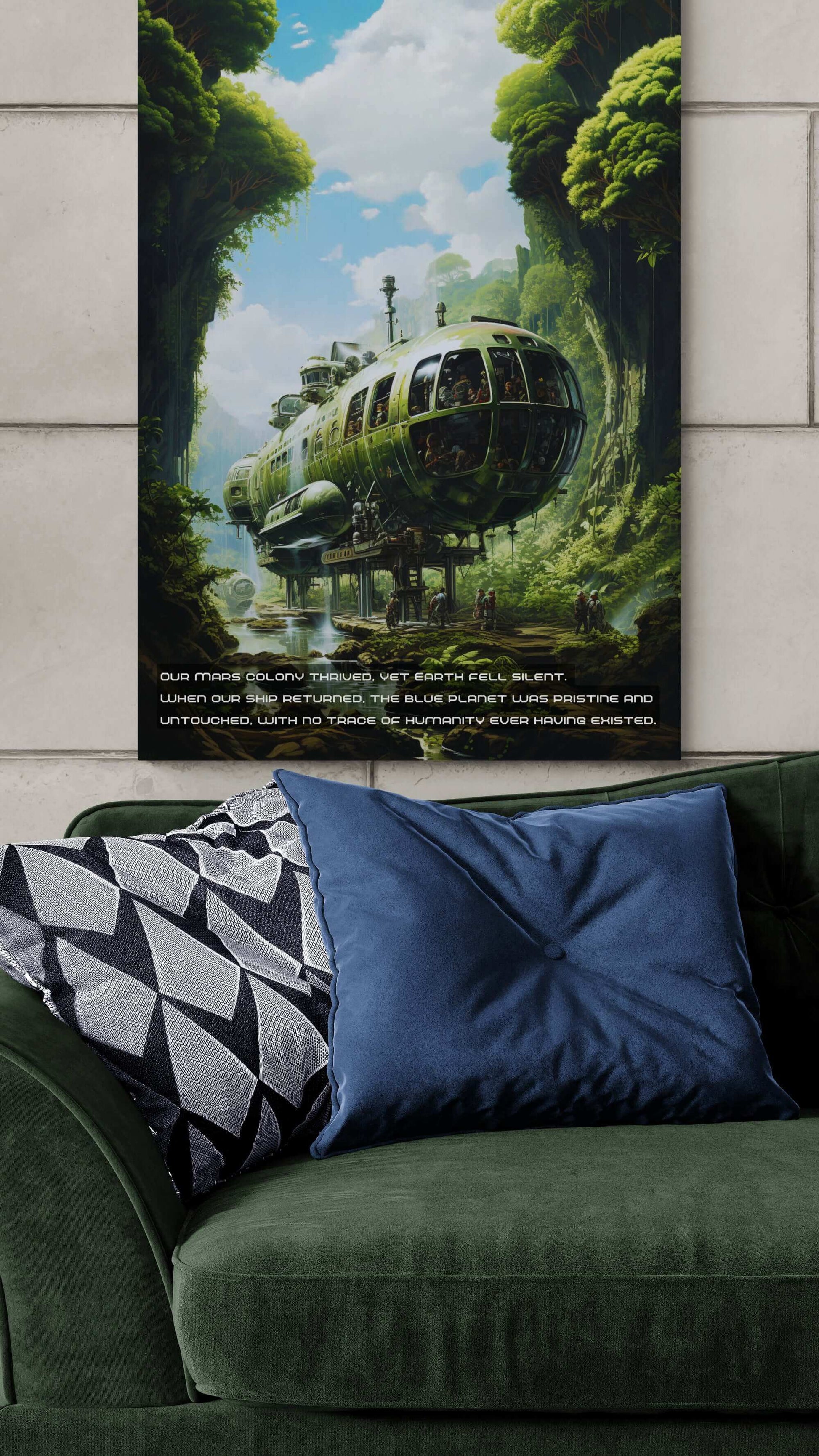 A sleek, futuristic green submarine hovers amidst a dense, lush forest brimming with tall trees and vibrant foliage. Its design contrasts sharply with the natural landscape, invoking steampunk artwork. The caption beneath reads, "Our Mars colony thrived, yet Earth fell silent. Untouched. No trace of humanity." Discover this striking imagery in "Return to Silence: Sci-Fi Spaceship Poster Wall Art with Poignant 2-Sentence Story" by Printify.
