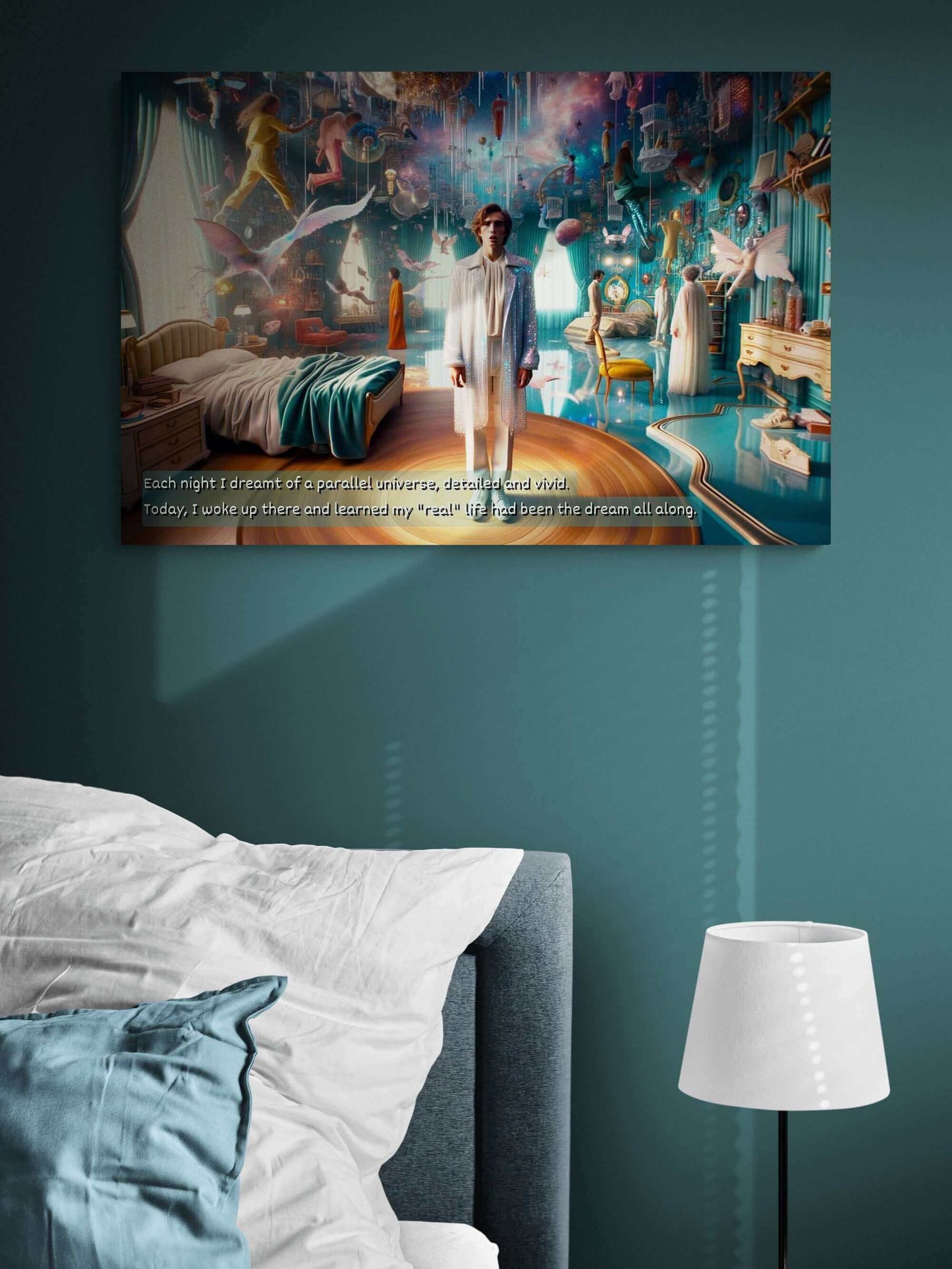 A person stands in a surreal bedroom with fantastical elements, including floating creatures, glowing orbs, and vibrant colors. Text overlay reads: "Each night I dreamt of a parallel universe, detailed and vivid. Today, I woke up in Dreamworld Awakening: Pop Surrealism Parallel Universe Canvas Wall Art with Startling 2-Sentence Story by Printify and learned my 'real' life had been the dream all along.