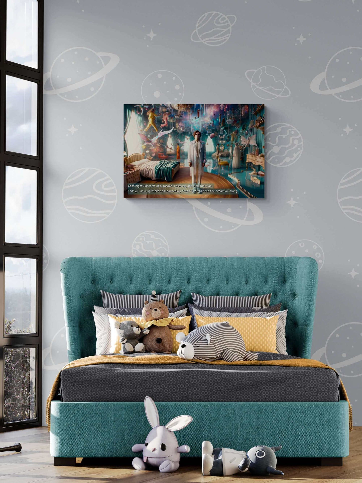 A person stands in an elaborate, whimsical room decorated with various fantastical elements like floating objects, ethereal creatures, and intricate artwork. They appear contemplative, wearing a long coat. Text at the bottom reads, "Each night I dreamt of a parallel universe..." It's straight out of Printify's Dreamworld Awakening: Pop Surrealism Parallel Universe Poster Wall Art with Startling 2-Sentence Story.