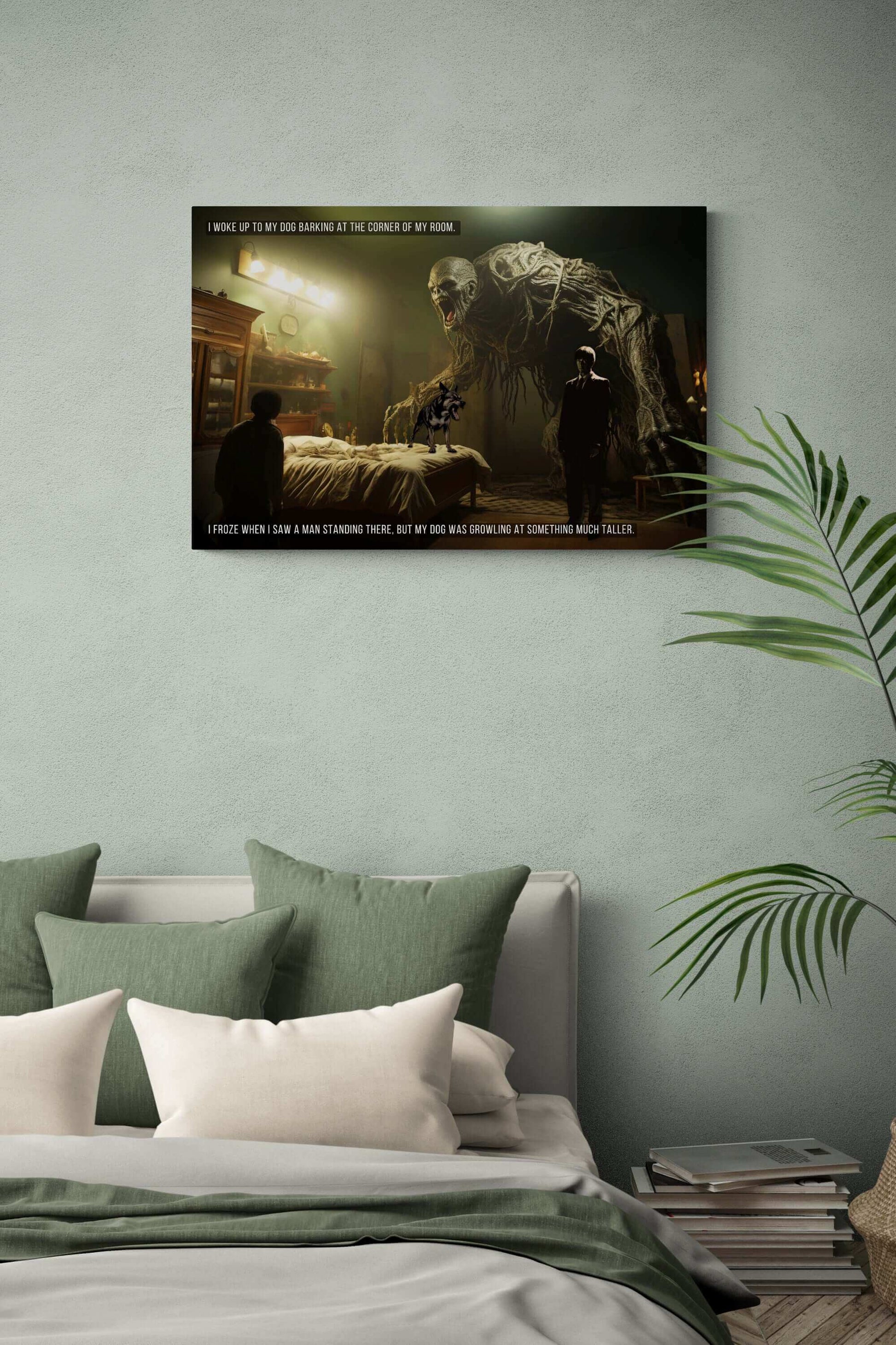 The "Unseen Threats: Supernatural Monsters Eerie Bedroom Scene Poster Wall Art with 2-Sentence Horror Story" by Printify depicts a dimly lit bedroom where a small dog barks on a bed. A person stands in front of the bed, staring at a massive, menacing monster towering over them. The text reads, "I woke up to my dog barking at the corner of my room. I froze when I saw a man standing there, but my dog was growling at something much taller—an unseen threat.