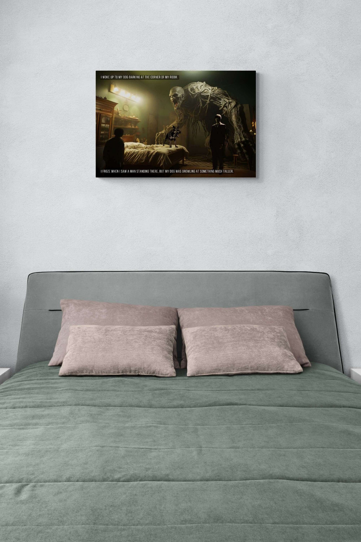 In a dimly lit room, a person stands by the bedside of their dog, which barks toward the corner. Opposite, a menacing skeletal creature with glowing eyes looms ominously. Text reads: “I woke up to my dog barking at something supernatural much taller.” This unsettling scene could be straight out of Printify's "Unseen Threats: Supernatural Monsters Eerie Bedroom Scene Canvas Wall Art with 2-Sentence Horror Story.