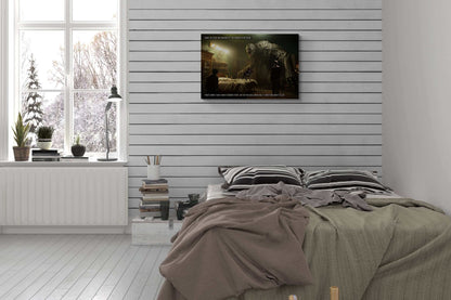 The "Unseen Threats: Supernatural Monsters Eerie Bedroom Scene Poster Wall Art with 2-Sentence Horror Story" by Printify depicts a dimly lit bedroom where a small dog barks on a bed. A person stands in front of the bed, staring at a massive, menacing monster towering over them. The text reads, "I woke up to my dog barking at the corner of my room. I froze when I saw a man standing there, but my dog was growling at something much taller—an unseen threat.