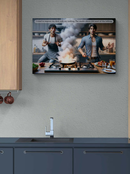 Two people are in a kitchen adorned with stylish kitchen decor, one trying to cook as smoke billows from a pan on the stove. Both look concerned. A speech bubble above reads, "I tried to impress my date with my cooking. The smoke alarm did most of the talking." It's like living "Where There's Smoke," the Printify Comedic Cooking Disaster Poster Wall Art with Funny 2-Sentence Story (2Sen-012p).