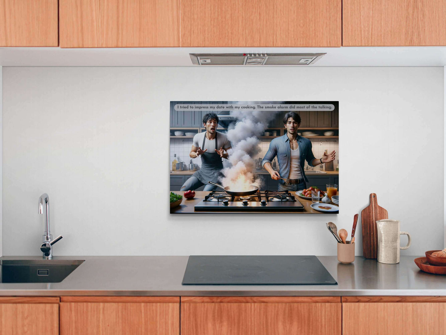 Two people are in a kitchen adorned with stylish kitchen decor, one trying to cook as smoke billows from a pan on the stove. Both look concerned. A speech bubble above reads, "I tried to impress my date with my cooking. The smoke alarm did most of the talking." It's like living "Where There's Smoke," the Printify Comedic Cooking Disaster Poster Wall Art with Funny 2-Sentence Story (2Sen-012p).