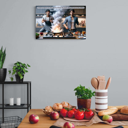 Where There's Smoke: Comedic Cooking Disaster Canvas Wall Art with Funny 2-Sentence Story | 2Sen-012c