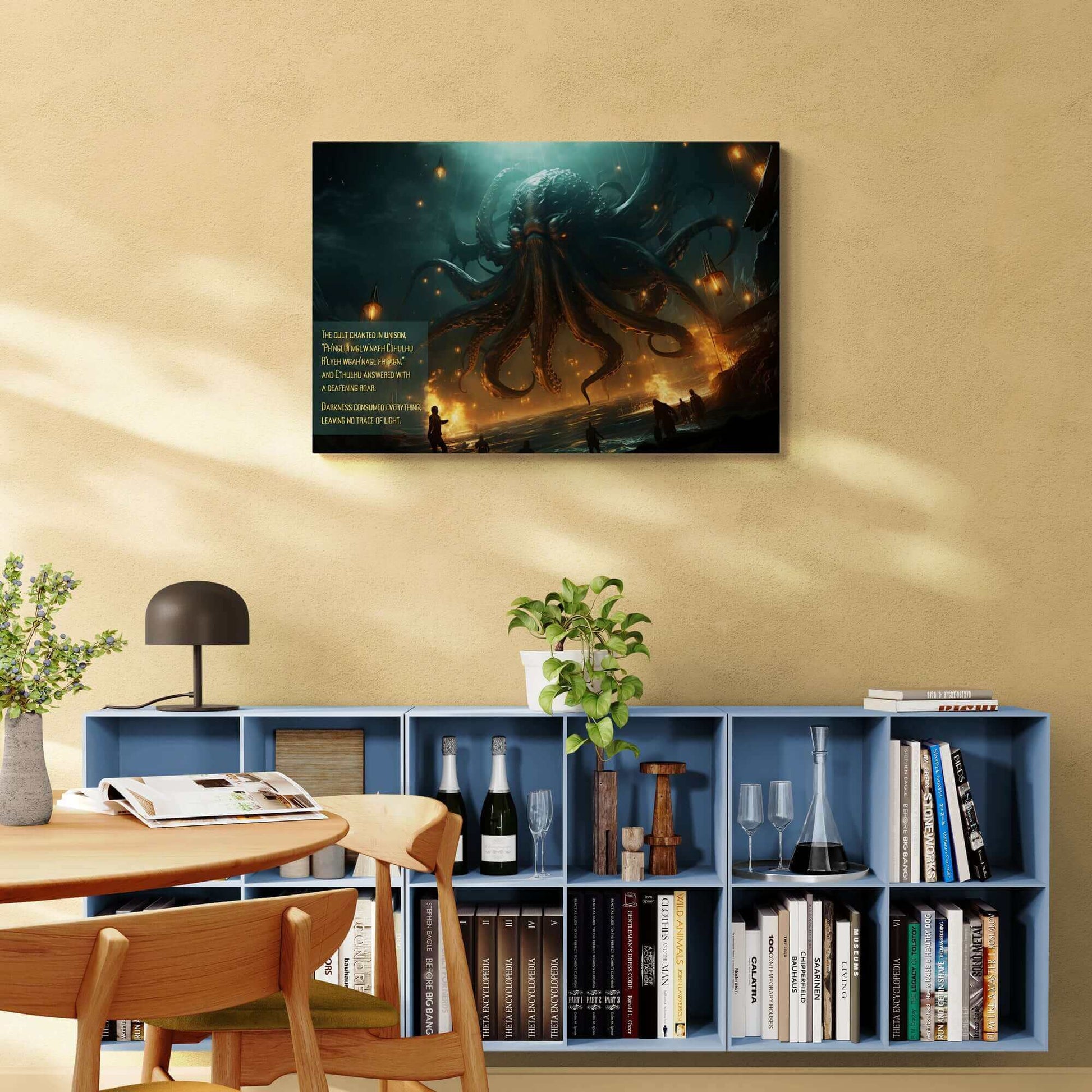 The Mesmerizing Cthulhu Canvas Wall Art by Printify illustrates a monstrous sea creature with tentacles rising from dark waters beneath glowing lanterns. Beside the creature, text reads: "The cult chanted in unison, 'Ph’nglui mglw’nafh Cthulhu R’lyeh wgah’nagl fhtagn.'" Inspired by a Lovecraftian 2-Sentence Story, Cthulhu's Awakening plunges all into cosmic horror.