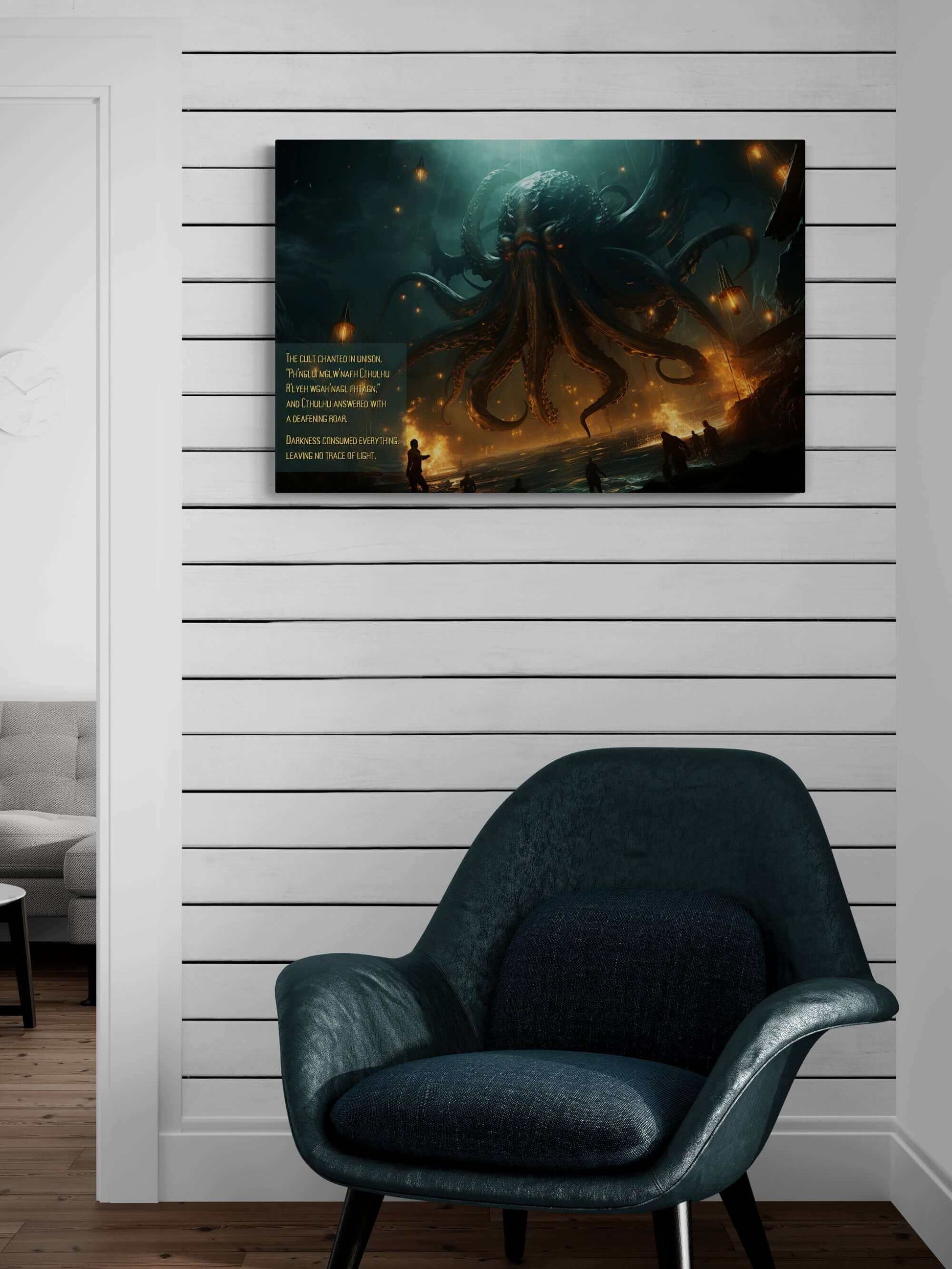 The Mesmerizing Cthulhu Canvas Wall Art by Printify illustrates a monstrous sea creature with tentacles rising from dark waters beneath glowing lanterns. Beside the creature, text reads: "The cult chanted in unison, 'Ph’nglui mglw’nafh Cthulhu R’lyeh wgah’nagl fhtagn.'" Inspired by a Lovecraftian 2-Sentence Story, Cthulhu's Awakening plunges all into cosmic horror.