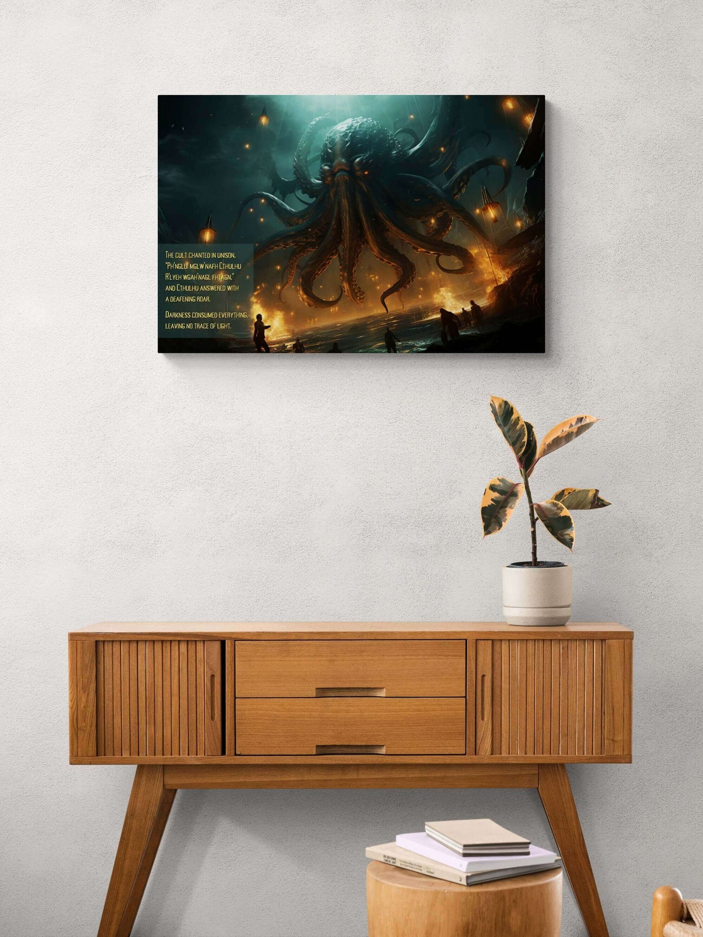 The Mesmerizing Cthulhu Canvas Wall Art by Printify illustrates a monstrous sea creature with tentacles rising from dark waters beneath glowing lanterns. Beside the creature, text reads: "The cult chanted in unison, 'Ph’nglui mglw’nafh Cthulhu R’lyeh wgah’nagl fhtagn.'" Inspired by a Lovecraftian 2-Sentence Story, Cthulhu's Awakening plunges all into cosmic horror.