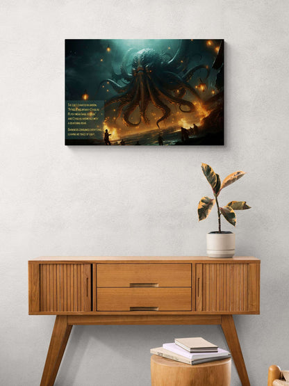 The Mesmerizing Cthulhu Canvas Wall Art by Printify illustrates a monstrous sea creature with tentacles rising from dark waters beneath glowing lanterns. Beside the creature, text reads: "The cult chanted in unison, 'Ph’nglui mglw’nafh Cthulhu R’lyeh wgah’nagl fhtagn.'" Inspired by a Lovecraftian 2-Sentence Story, Cthulhu's Awakening plunges all into cosmic horror.