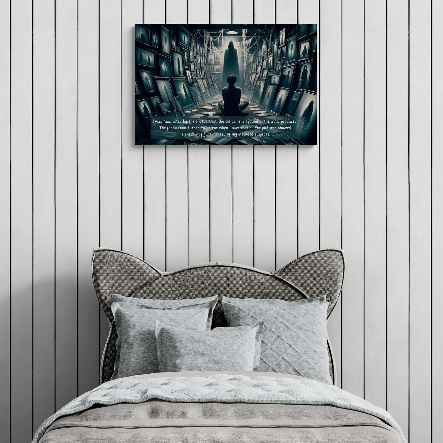 Gothic Horror Canvas Wall Art - Haunting 2-Sentence Tale, depicting dimly lit attic with shadowy figures emerging from photo-lined walls.