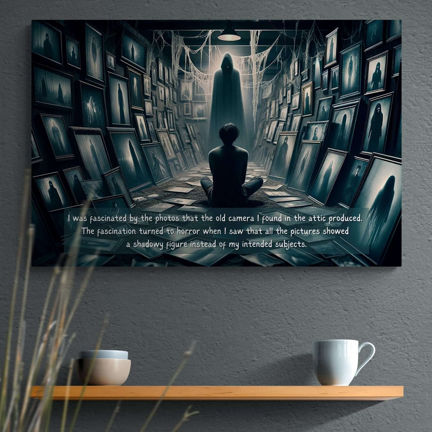 Gothic Horror Poster Wall Art - "Lurking in the Lens" features an attic with eerie photographs and shadowy figures creating suspense and mystery.