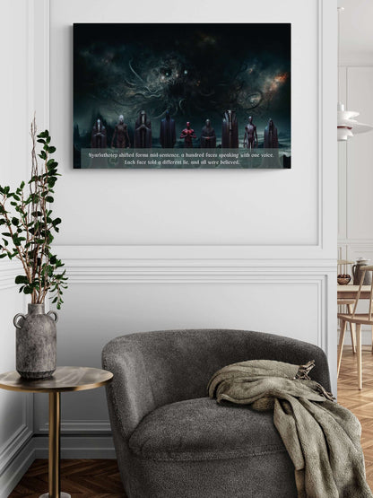 "Nyarlathotep Deceives" canvas wall art in modern living room, depicting Lovecraftian horror with the Crawling Chaos and cosmic landscape.