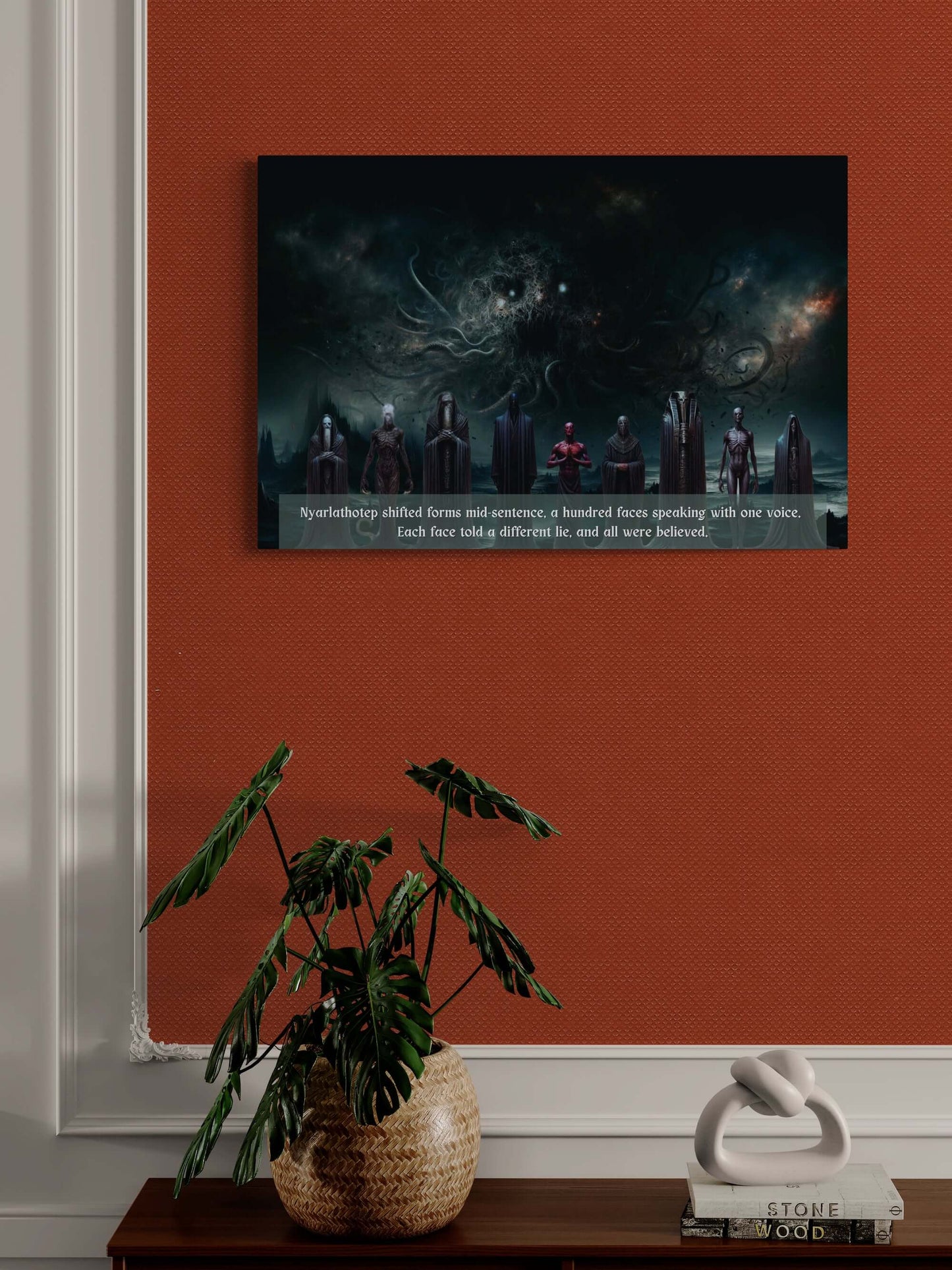 Lovecraftian horror canvas art "Nyarlathotep Deceives" on a wall with an eerie, cosmic transformation scene and chaotic background