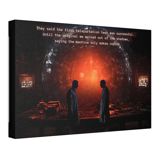 Quantum Quandary: Riveting Sci-fi Horror Canvas Wall Art with Sinister 2-Sentence Story | 2Sen-006c