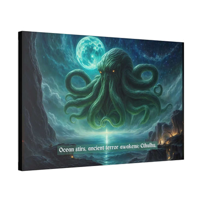 Horrifying Cthulhu canvas wall art inspired by eerie 6-word story, depicting the ancient entity emerging from ocean depths under moonlit sky