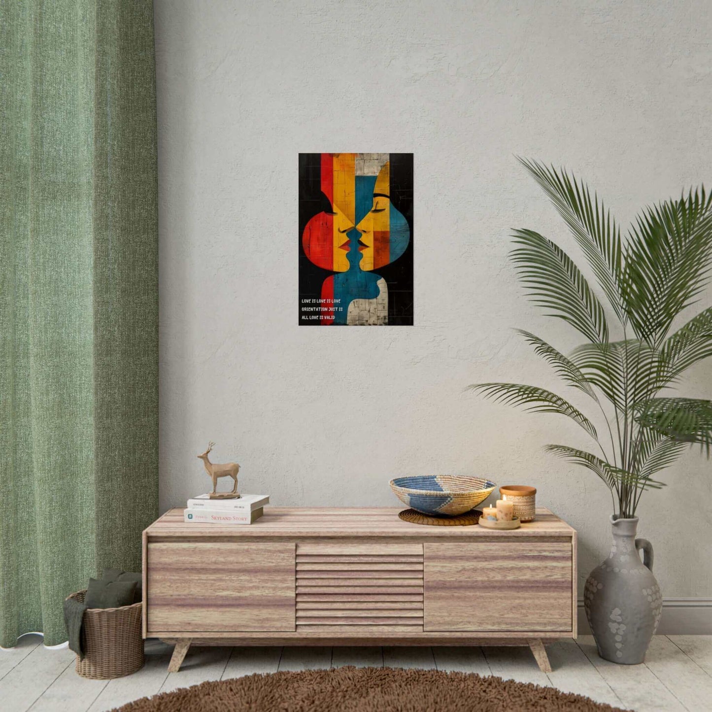 "Love Just Is: Abstract Pride Poster Wall Art with colorful geometric design of two faces symbolizing unity and acceptance in modern living room."