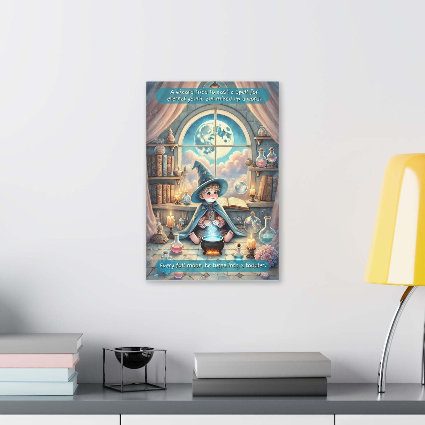 Whimsical & magical canvas wall art for a child's room featuring a young wizard surrounded by glowing candles and potions under a full moon.