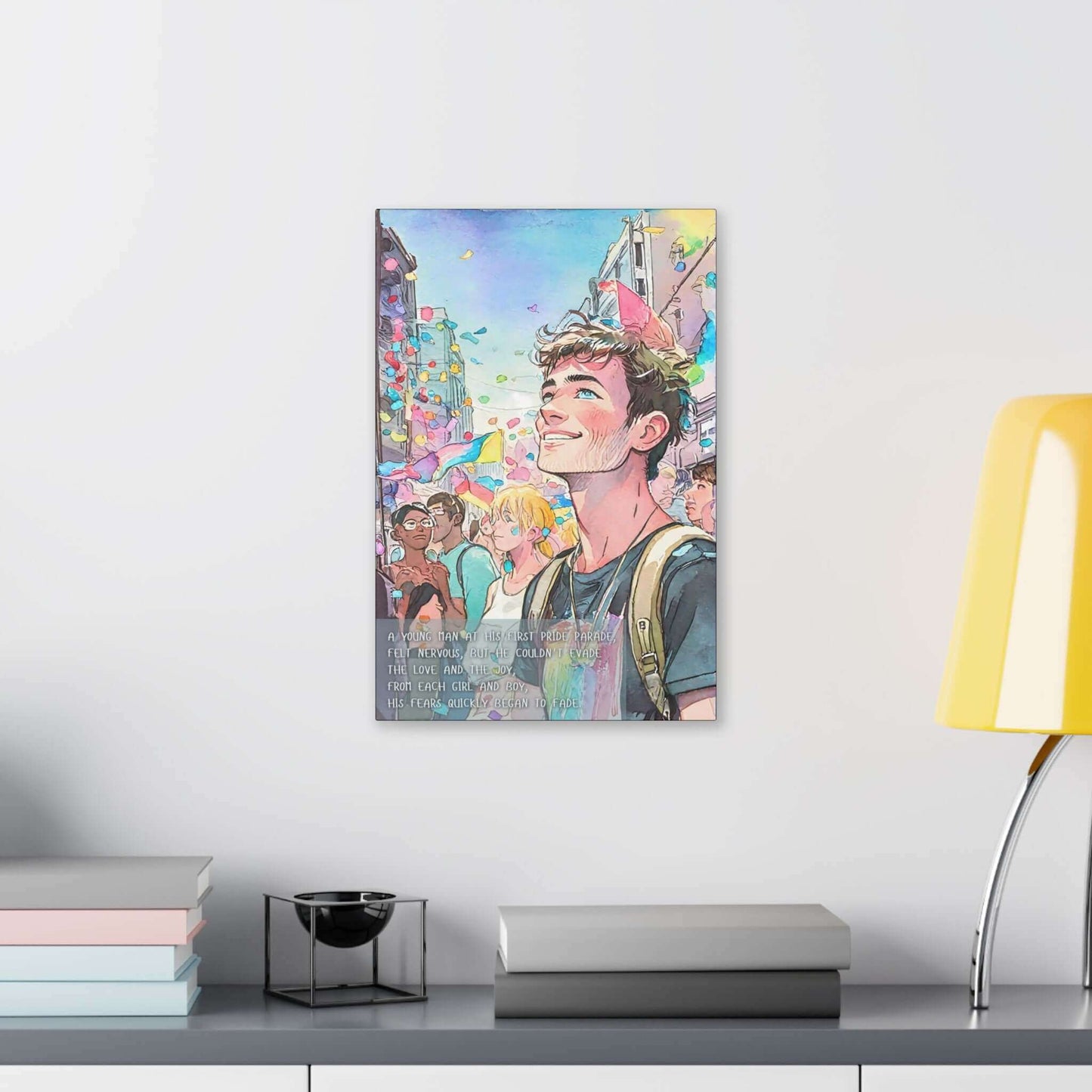 Joyful First: Vibrant Pride Parade Canvas Wall Art, Inspired by Colorful Limerick