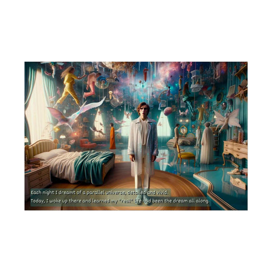 A person stands in an elaborate, whimsical room decorated with various fantastical elements like floating objects, ethereal creatures, and intricate artwork. They appear contemplative, wearing a long coat. Text at the bottom reads, "Each night I dreamt of a parallel universe..." It's straight out of Printify's Dreamworld Awakening: Pop Surrealism Parallel Universe Poster Wall Art with Startling 2-Sentence Story.