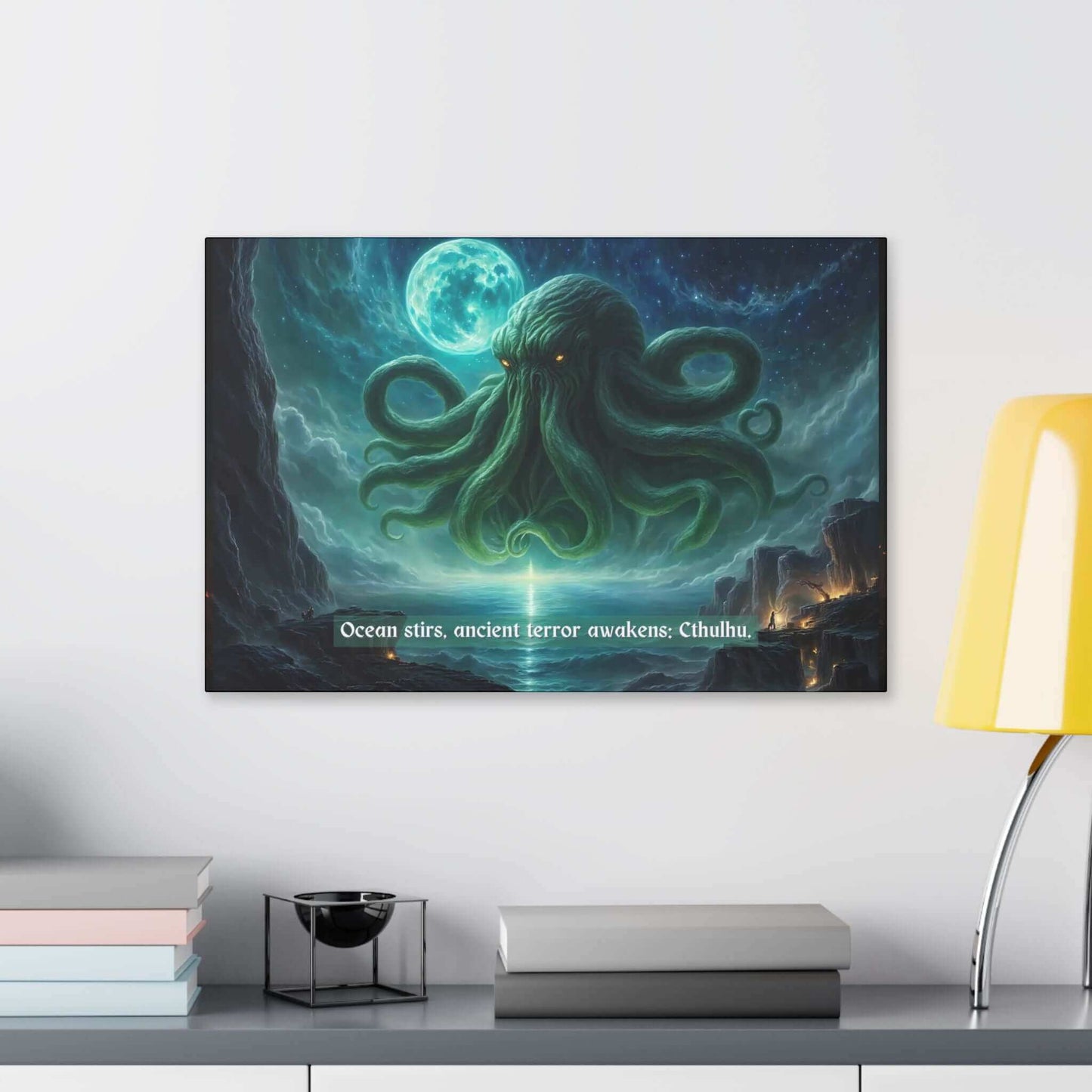 Horrifying Cthulhu canvas wall art inspired by eerie 6-word story, perfect home decor showcasing ancient terror emerging from ocean depths under moonlit sky