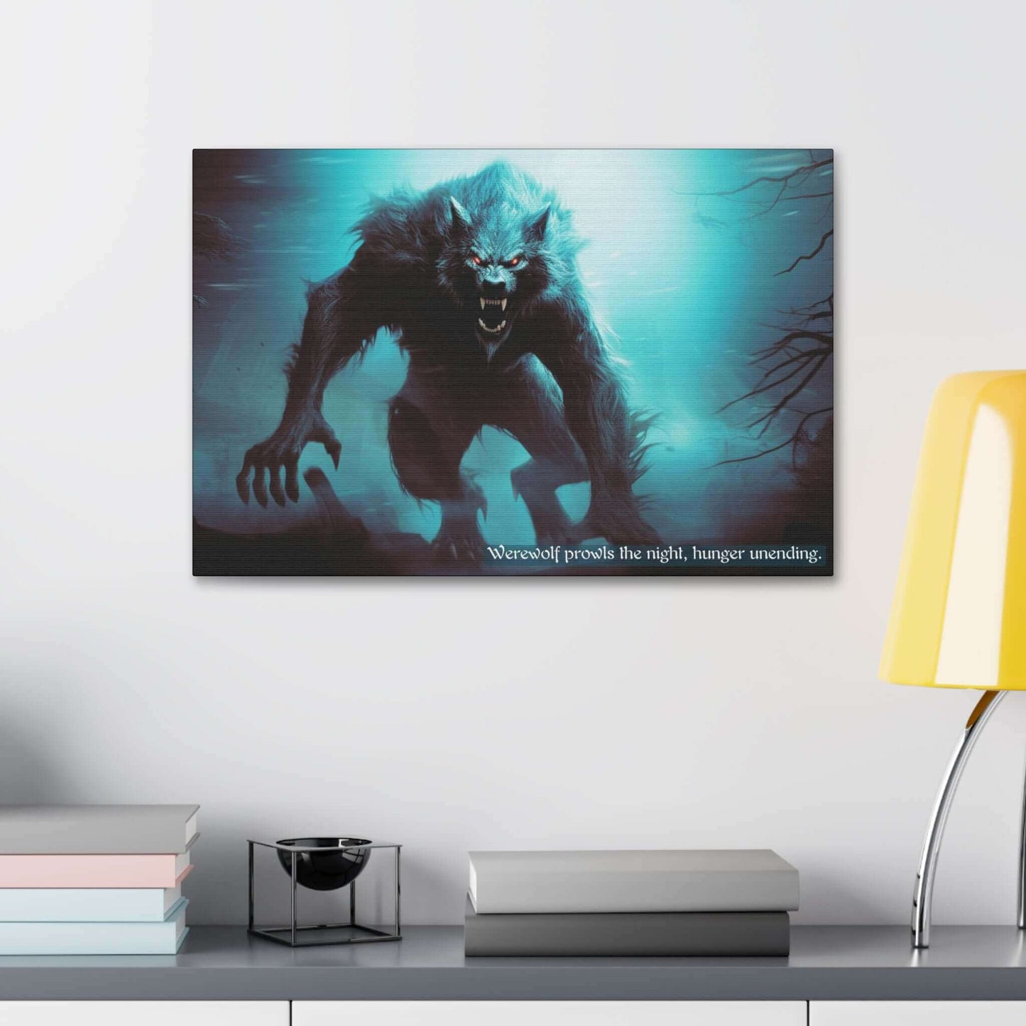 A menacing werewolf with glowing red eyes and sharp teeth prowls through a dark, eerie forest under a moonlit sky. The creature's claws are extended, and a mist surrounds it. Text at the bottom reads, "Moonlit Prowl: A 6-Word Story Dark Fantasy Canvas Wall Art of Unending Hunger." Brought to you by Printify.