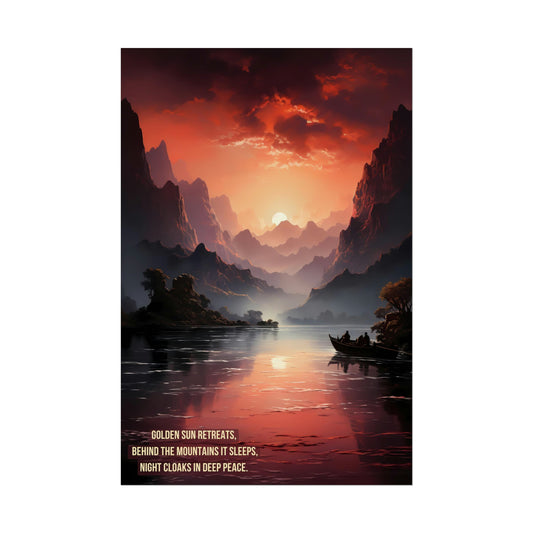 Serenity at Dusk: Exotic Mountain Terrain at Sunset Poster Wall Art with Tranquil Haiku | HAI-001p