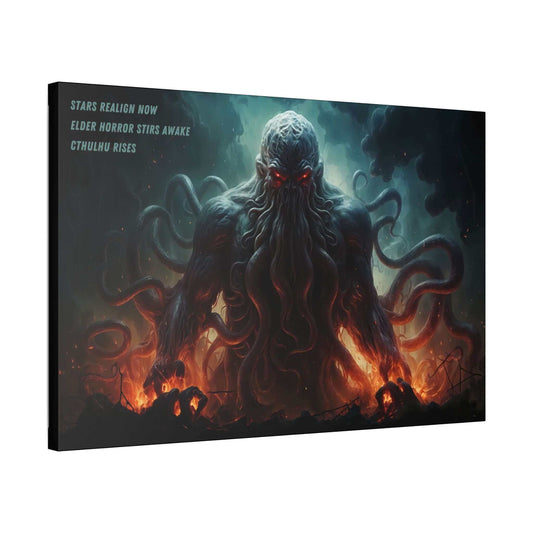 Amidst a fiery, smoke-filled background, a dark, ominous creature with a humanoid form and multiple tentacles looms. Its red eyes glow menacingly. Text on the left side reads: "Stars realign now. Cosmic horror stirs awake. Cthulhu rises." This vivid scene is captured in the Cthulhu Rises Canvas Wall Art by Printify, inspired by a chilling haiku.