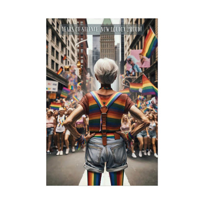 An older individual with short white hair, adorned in rainbow suspenders and shorts, stands with arms akimbo facing a crowd at a pride parade. Surrounding them are people waving rainbow flags, beneath a banner proclaiming, "Years of Silence, Now Loudly Proud!" The street brims with joyous celebration of self-acceptance within the LGBTQ+ community. This moment captures the essence of the Loud and Proud: Empowering Gay Pride Poster Wall Art by Printify (PR-6W-003p), inspired by a bold 6-word story.