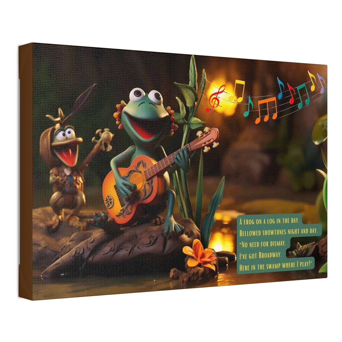 Showtunes in the Swamp: Claymation-Style Canvas Wall Art with Lively Limerick and Kitschy Charm