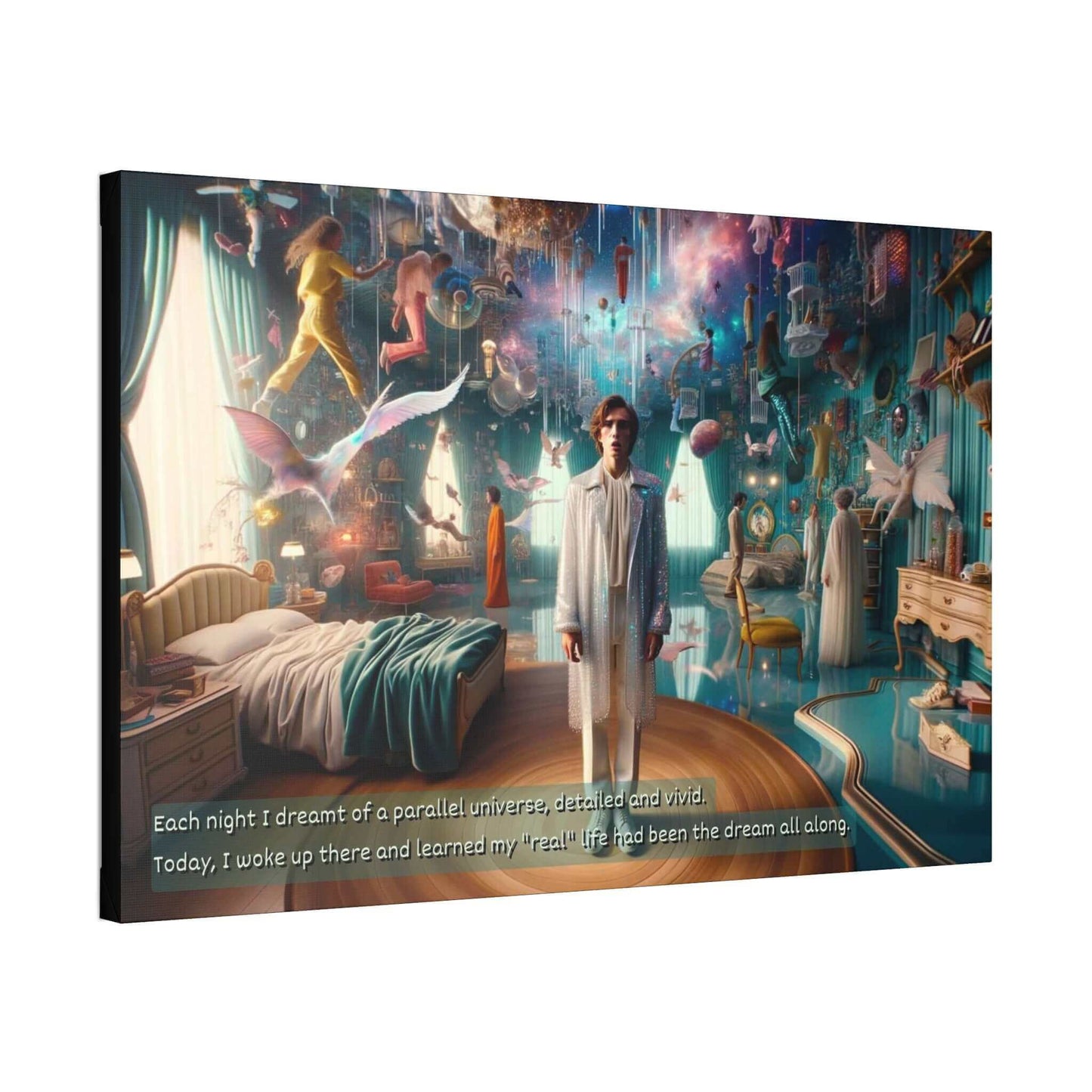 A person stands in a surreal bedroom with fantastical elements, including floating creatures, glowing orbs, and vibrant colors. Text overlay reads: "Each night I dreamt of a parallel universe, detailed and vivid. Today, I woke up in Dreamworld Awakening: Pop Surrealism Parallel Universe Canvas Wall Art with Startling 2-Sentence Story by Printify and learned my 'real' life had been the dream all along.