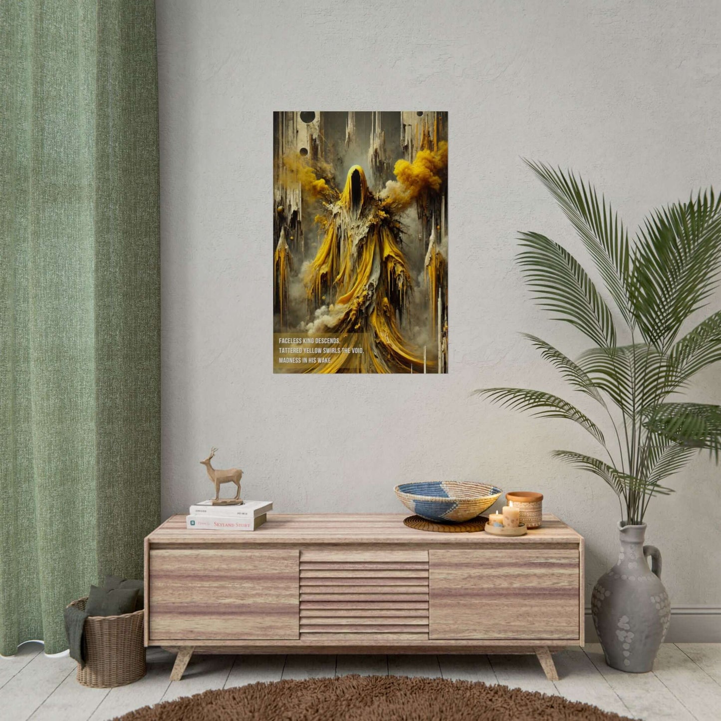 "Hastur: The King in Yellow" art print on living room wall with mystical, flowing yellow robes of cosmic horror figure.