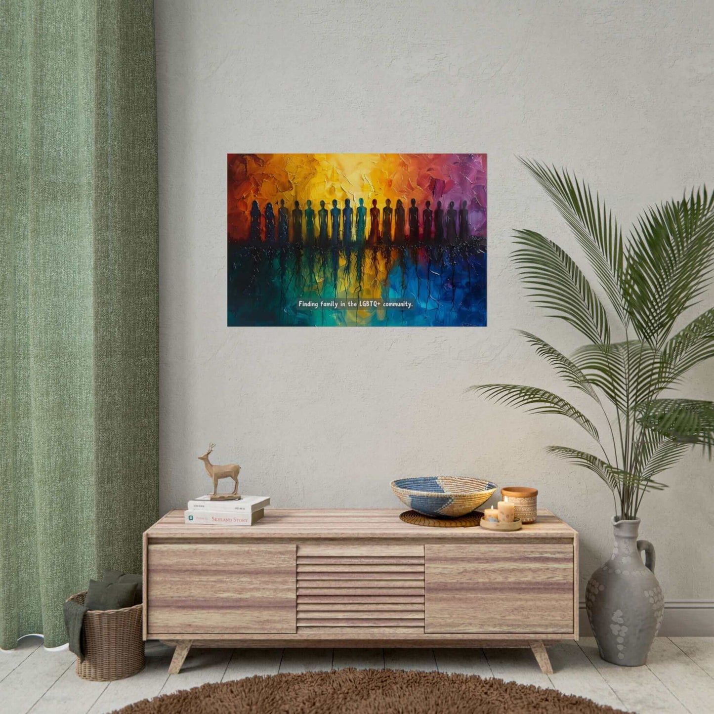 The Roots of Pride: Inspiring Gay Pride Poster Wall Art by Printify features a colorful abstract painting on fine art photo paper, depicting a diverse group of silhouetted figures standing in a line. The background transitions from warm tones of yellow and orange to cool tones of blue and purple. Text at the bottom reads, "Finding unity and pride in the LGBTQ+ community." Product code: PR-6W-005p.