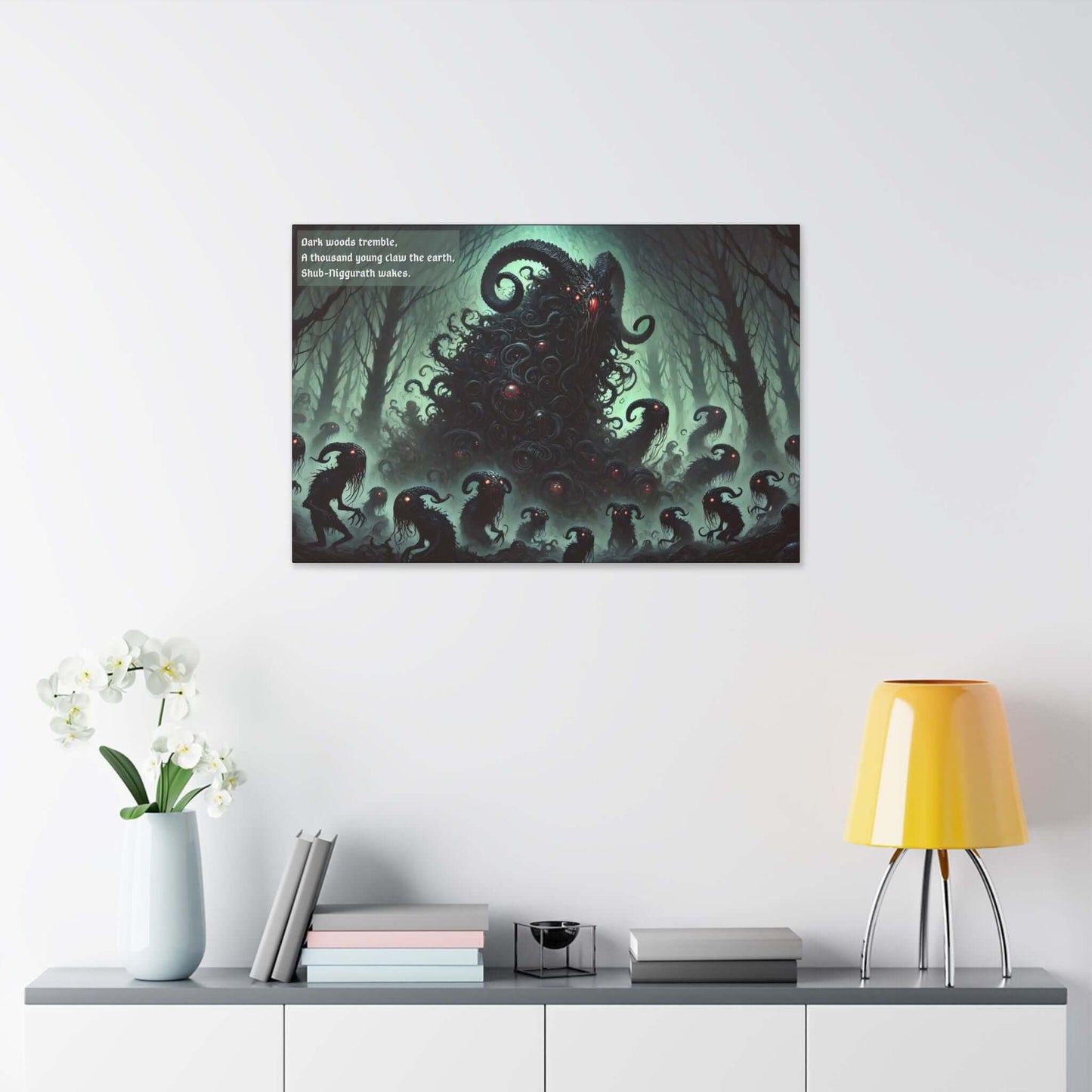 Dark Lovecraft horror canvas wall art depicting Shub-Niggurath rising with tendrils and dark woods in the background, inspired by haunting haiku