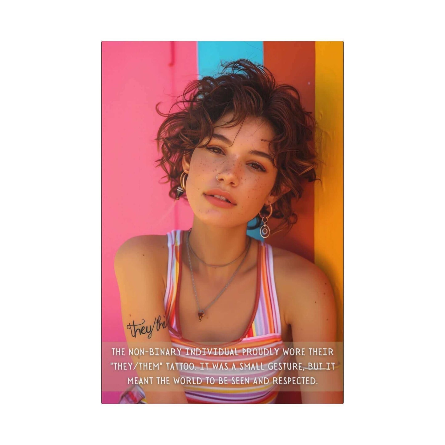 A young person with curly hair, wearing a striped tank top and earrings, stands against a vibrant, colorful wall adorned with the "They/Them: Bold Gay Pride Canvas Wall Art" by Printify. A text overlay reads, "The non-binary individual proudly wore their 'they/them' tattoo. It was a small gesture of self-expression, but it meant the world to be seen and respected.