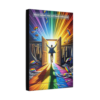 A person throws open double doors and steps into a vivid, rainbow-colored light. The scene appears euphoric and liberating, with rainbows on the walls and scattered clothing symbolizing LGBTQ+ pride. Text above reads, "Closet exited, true self finally embraced!"—a heartfelt diversity celebration of self-acceptance captured in Printify's "Out of the Closet: Vibrant Gay Pride Canvas Wall Art, Inspired by Uplifting 6-Word Story" (PR-6W-001c).