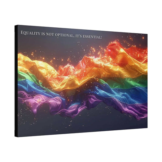 A vibrant, flowing ribbon in the colors of the rainbow, resembling the LGBTQ+ pride flag, stretches across a dark background with sparks and light effects. The "Essential Equality: Radiant Gay Pride Canvas Wall Art" by Printify features text at the top that reads, "Equality for the LGBTQ+ community is not optional, it's essential!