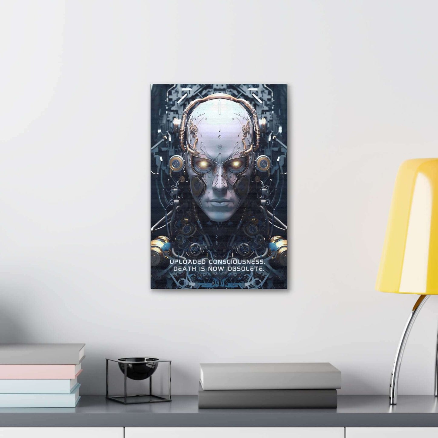 Printify's "Eternal Dawn: Hyper-Detailed Robot Canvas Wall Art with Thought-Provoking 6-Word Story" features a digital artwork depicting a humanoid robot with glowing eyes, intricate mechanical components, and wires surrounding its head. The text at the bottom reads, "Uploaded Consciousness. Death is Now Obsolete." The background showcases a complex, futuristic design.