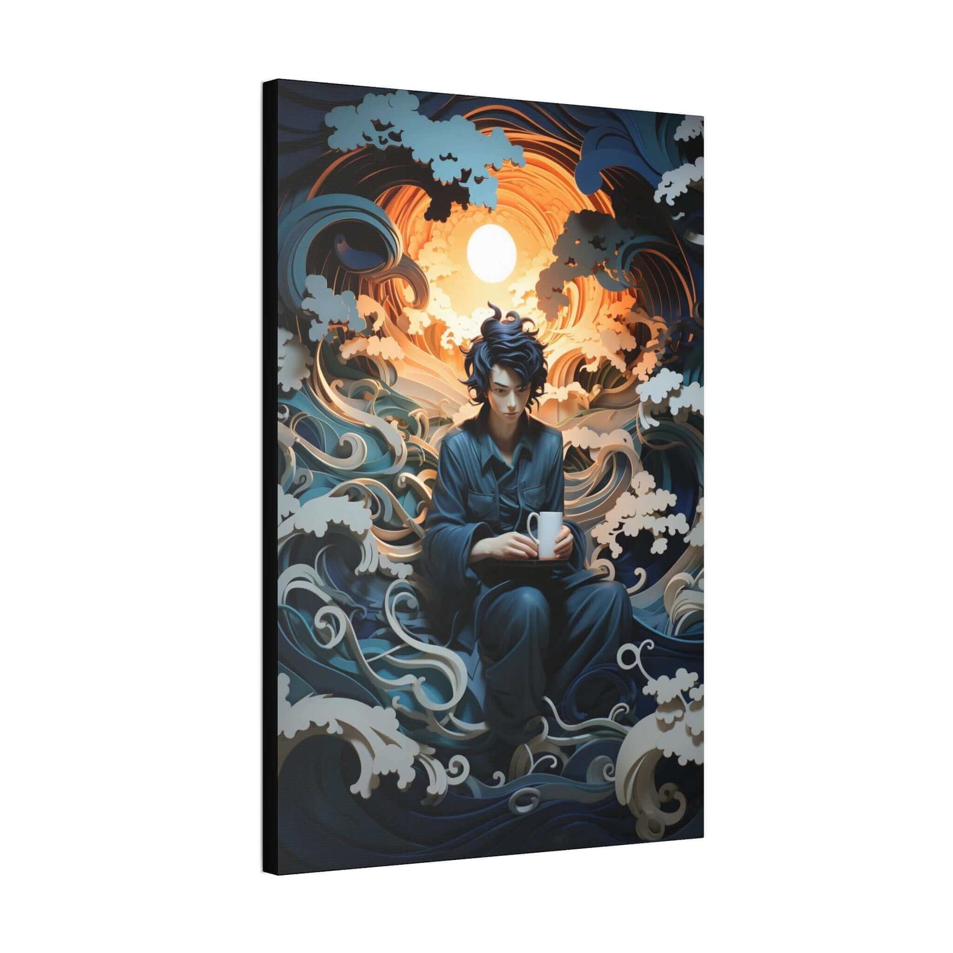 Introducing "Contemplation on the Waves: Japanese-Inspired Layered Paper Fantasy Canvas Wall Art" by Printify. This exquisite digital artwork features a figure in dark clothing, holding a mug and seated serenely amidst swirling waves and white foamy crests. The background showcases a brilliant full moon that casts an ethereal glow, enhancing the mystical ambiance with stylized clouds.