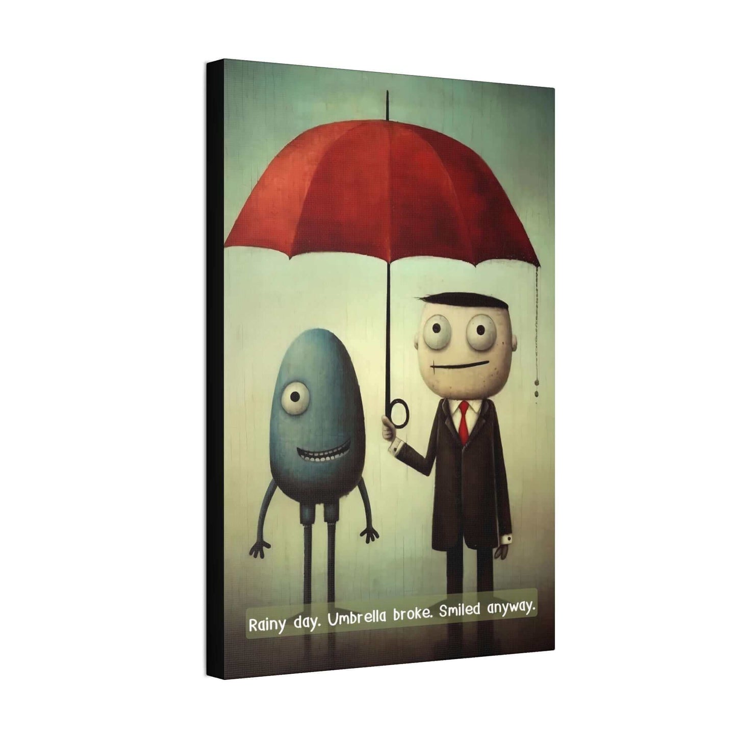 A whimsical canvas wall art by Printify titled "Smiling Through the Rain: Whimsical Canvas Wall Art with Positive 6-Word Story," featuring two cartoon characters standing under a red umbrella. An egg-shaped blue figure with one leg smiles beside a man in a suit and tie holding the umbrella. The text reads, "Smiling Through the Rain. Umbrella broke. Smiled anyway.