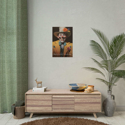 A menacing clown in a yellow suit with a red flower and blue bow tie grins widely, revealing sharp teeth. He wears a white hat adorned with orange flowers. "The Sinister Grin: Vibrant Clown Poster Wall Decor with Chilling 6-Word Story" by Printify captures the essence of lurking malevolence.