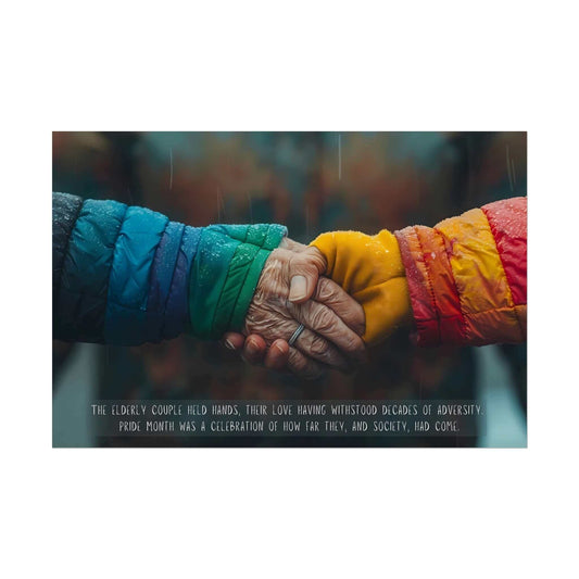 Two elderly individuals wearing rainbow-colored jackets hold hands firmly, with raindrops visible in the background. Text at the bottom reads: "The elderly couple held hands, their Enduring Love having withstood decades of adversity. Pride Month was a celebration of how far they, and society, had come." Featured in this inspiring gay pride poster wall art by Printify, based on a heartfelt 2-sentence story.