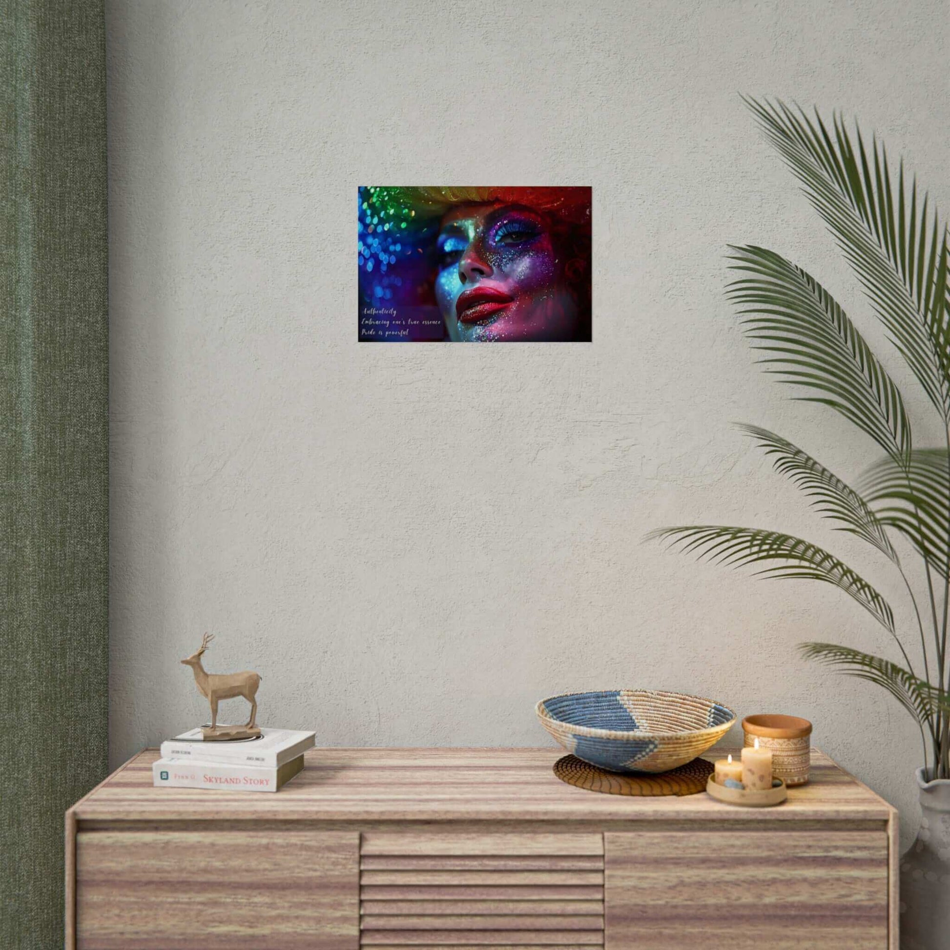 Drag queen art print with vibrant colors and bold makeup, inspired by empowering haiku, "Authenticity," perfect for pride celebrations.