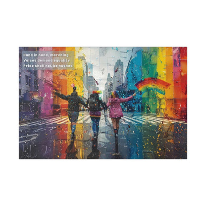 Colorful city parade wall art featuring people marching hand in hand with a Pride flag, inspired by a haiku about unity and equality.