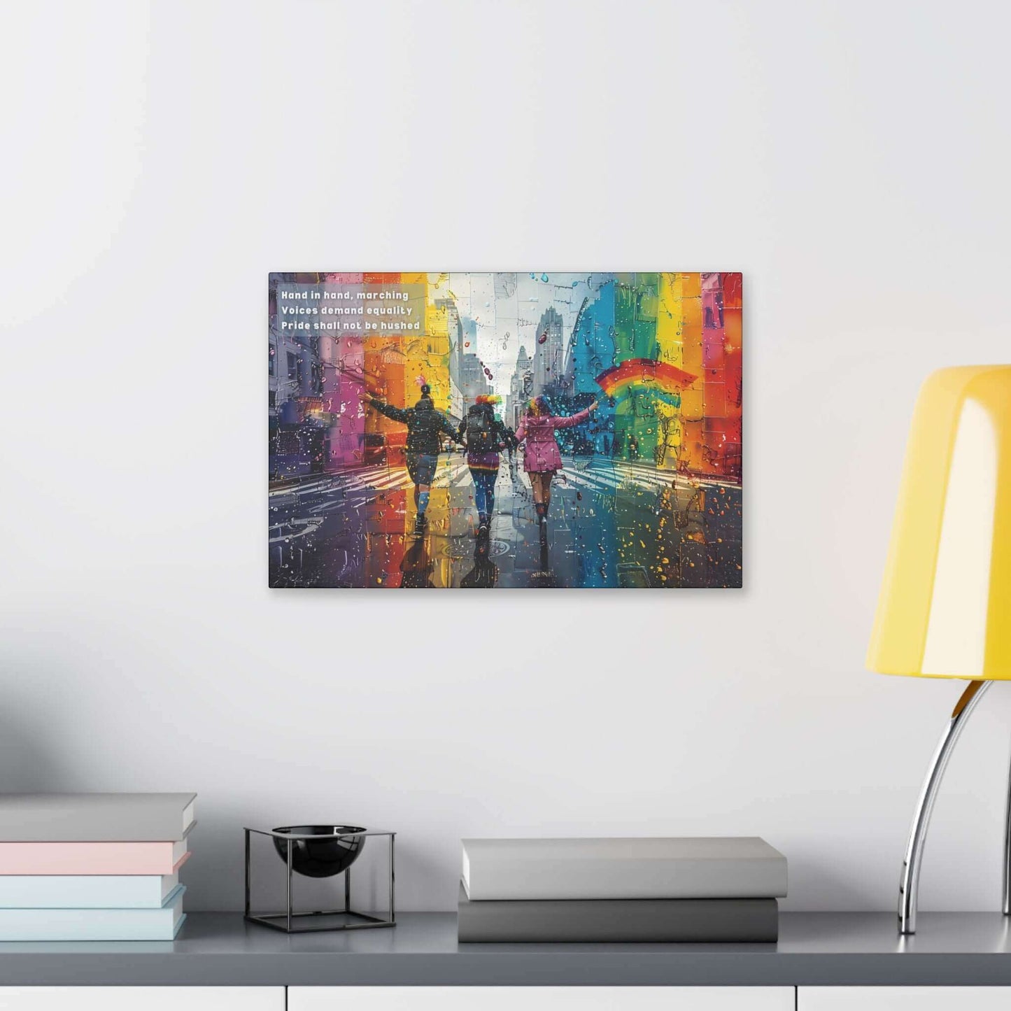 Canvas wall art of a vibrant city parade with people marching hand in hand, celebrating Pride and unity, inspired by a determined haiku.