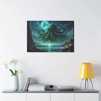 Horrifying Cthulhu canvas wall art inspired by eerie 6-word story, depicting Cthulhu emerging from the ocean under a moonlit sky.